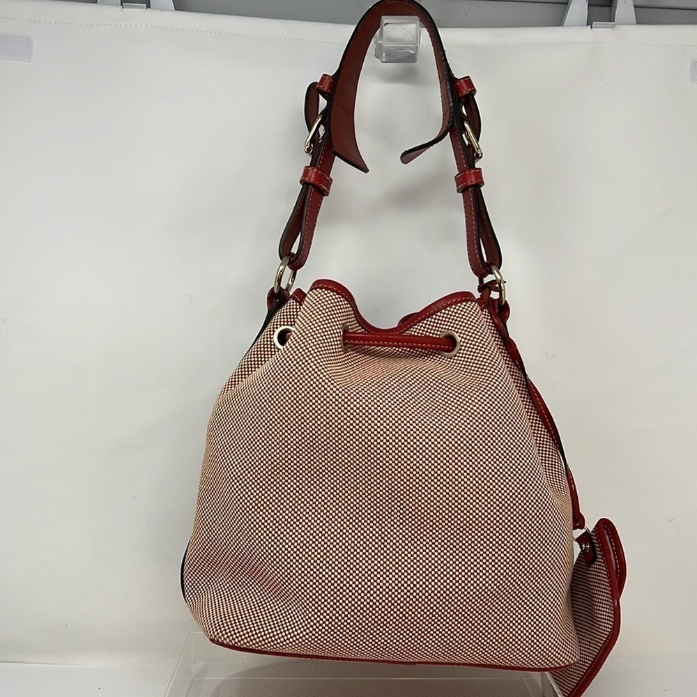 Dooney and Bourke Red Beige Canvas Leather Drawstring Shoulder Bucket Bag - Picture 7 of 16